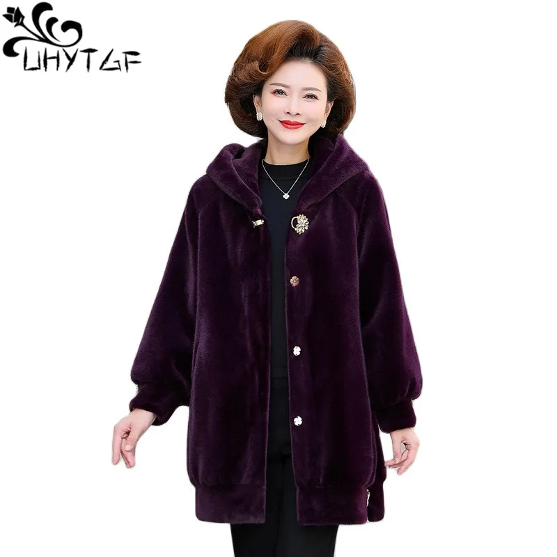 UHYTGF XL-6XL Coat For Women Quality Imitation Mink Fleece Autumn Winter Woolen Jackets Female Hooded Casual Warm Outerwear 1964