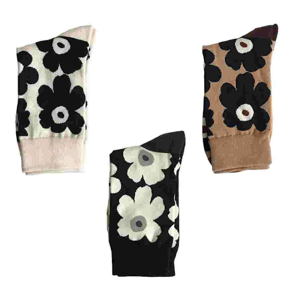 

3Pairs Girls Retro Flower Design Stockings Breathable Mid-calf Length Socks