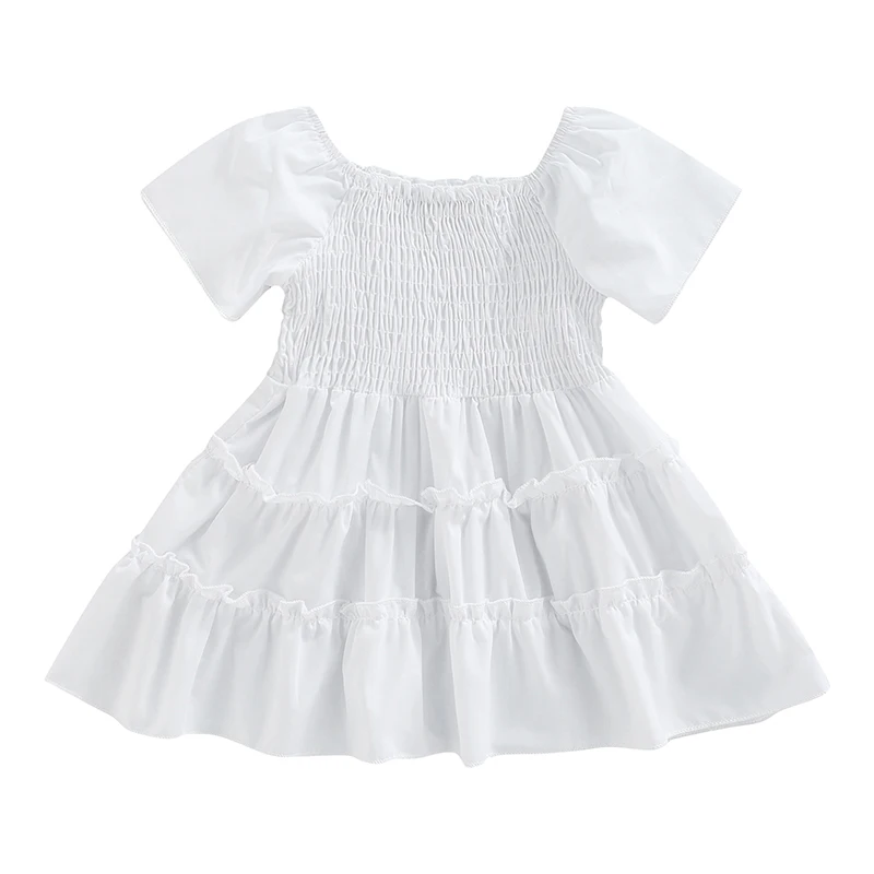 

Baby Girl Dress Solid Color Short Sleeve Design Pleated Style Cute Big Skirt White Dress