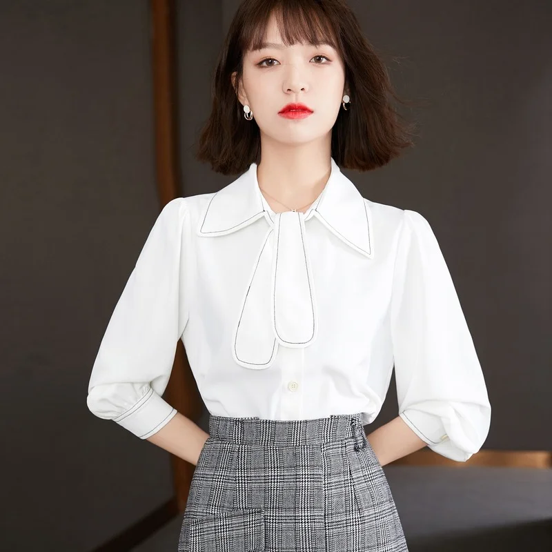 

Шифоновая женская блузка, рубашка-поло для девочек, повседневный однотонный топ с длинным рукавом, женская одежда на весну и лето в Корейско...