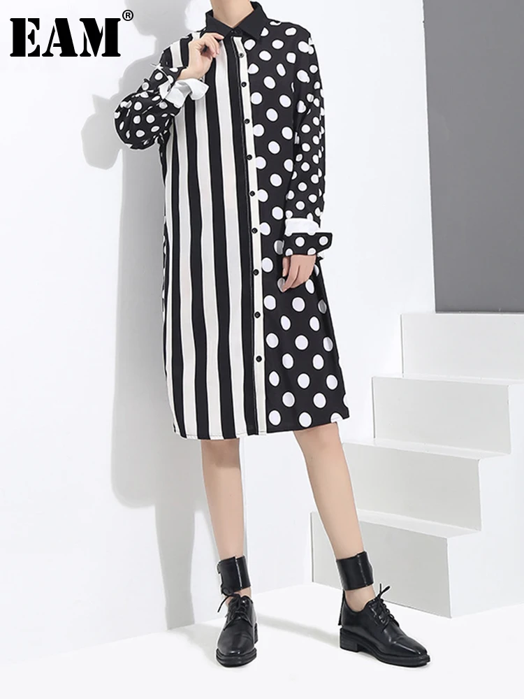 

[EAM] Women Black Dot Striped Split Joint Shirt Dress New Lapel Long Sleeve Loose Fit Fashion Tide Spring Autumn 2022 JU688