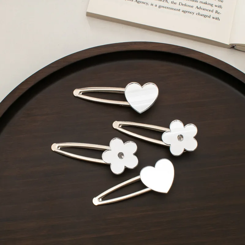 

2pc Korean mirror Heart Flower Hairpin Hair Claw Clips Grips for Girls Women Children Kids Hair Accessories Crab Headband