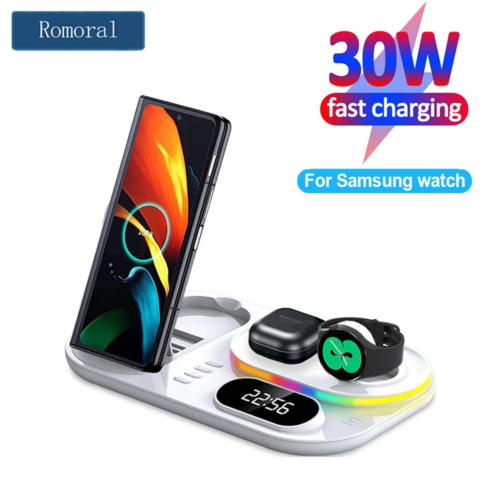 White 3 in 1 Wireless Charger Stand 30W Time Display RGB Cha