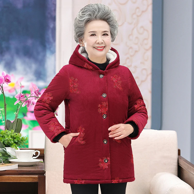 2022 Grandma Thicken Middle Aged Elderly Women Winter Coat Hooded Fleece Grandma Cotton Jacket Warm Mid-Long Mother Parka XL-5XL