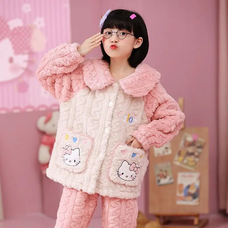 

Милая кавайная Детская Пижама Sanrios Cinnamoroll Hellokitty осень-зима утепленный бархатный костюм из кораллового бархата в стиле аниме домашняя одежда