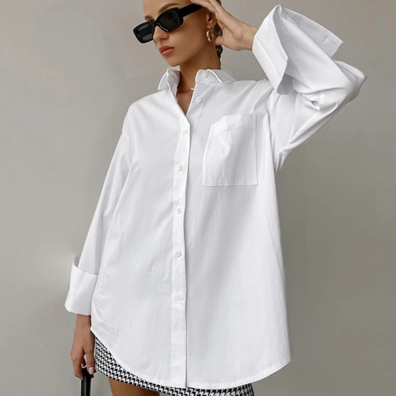 Однотонная простая модная повседневная свободная одежда белые рубашки летняя
