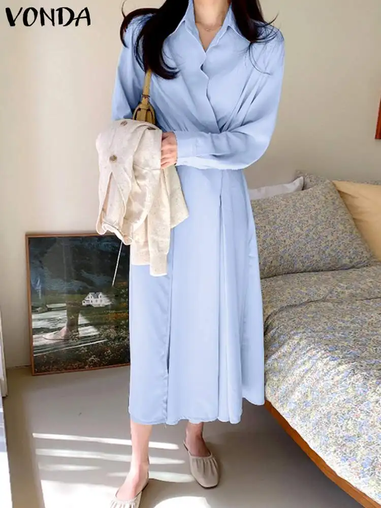 

VONDA Y2K 2022 Oversize Female Lapel Holiday Tunic Long Vestidos Stylish Women Long Sleeve Button Street Robe Party Shirt Dress