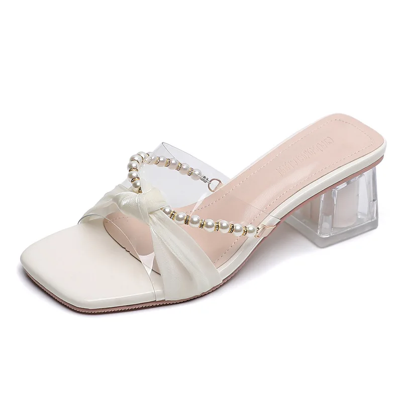

Slippers for Summer Outwear 2023 This Year's New Thick Heel French Style Pearl High Heels Women's Shoes 33-40