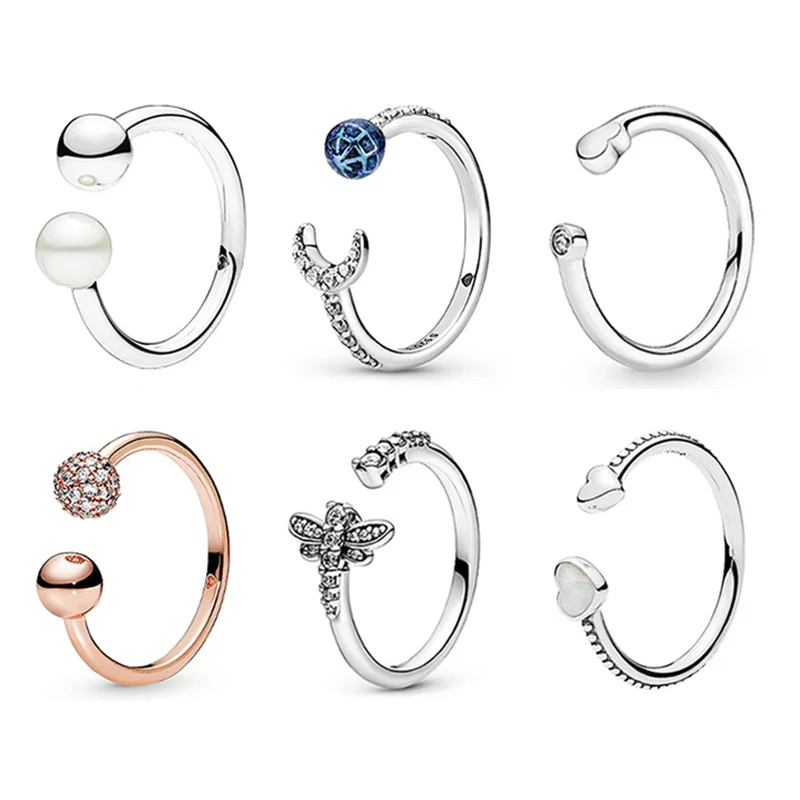 

LR Pan-Style S925 Sterling Silver Rose Gold Open Dragonfly Pearl Heart-Shaped Series Ring Holiday Women's Gift