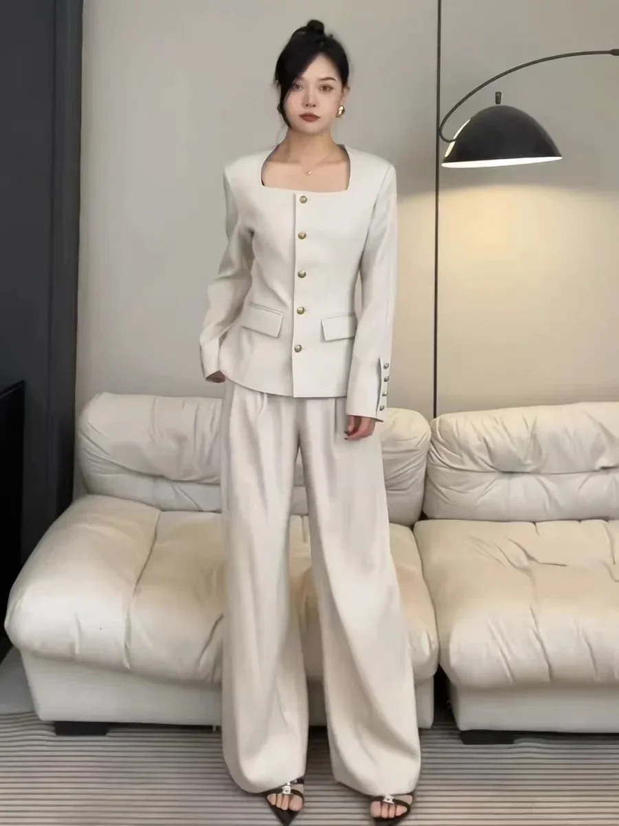 

Square Collar Long-sleeved Top High-waisted Wide-leg Pants Two-piece Set Ensemble Femme 2 Pièces Été One-breasted Traf Blazer