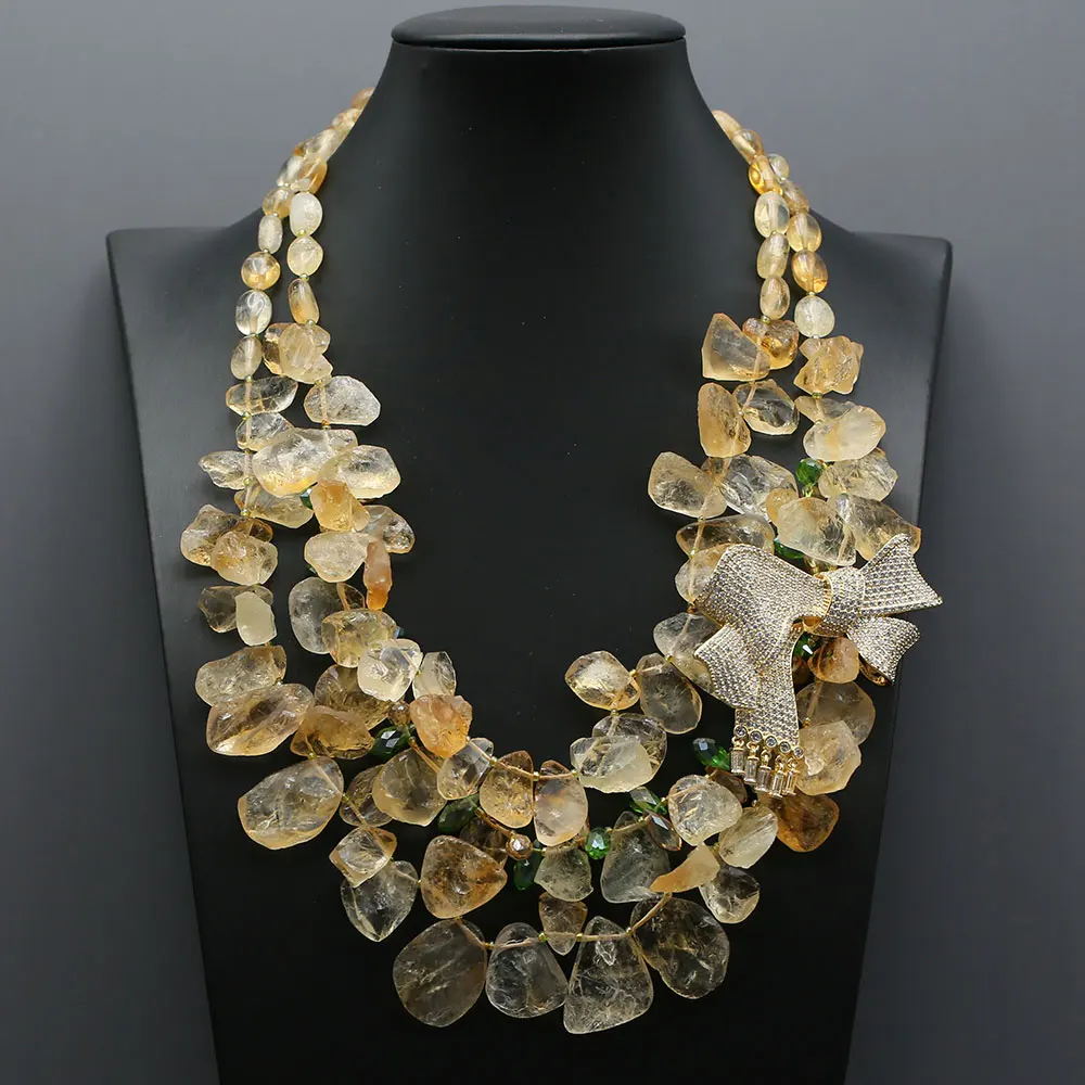 3 пряди Природный желтый топаз цитрин ожерелье Кристалл CZ паве Бабочка Брошь