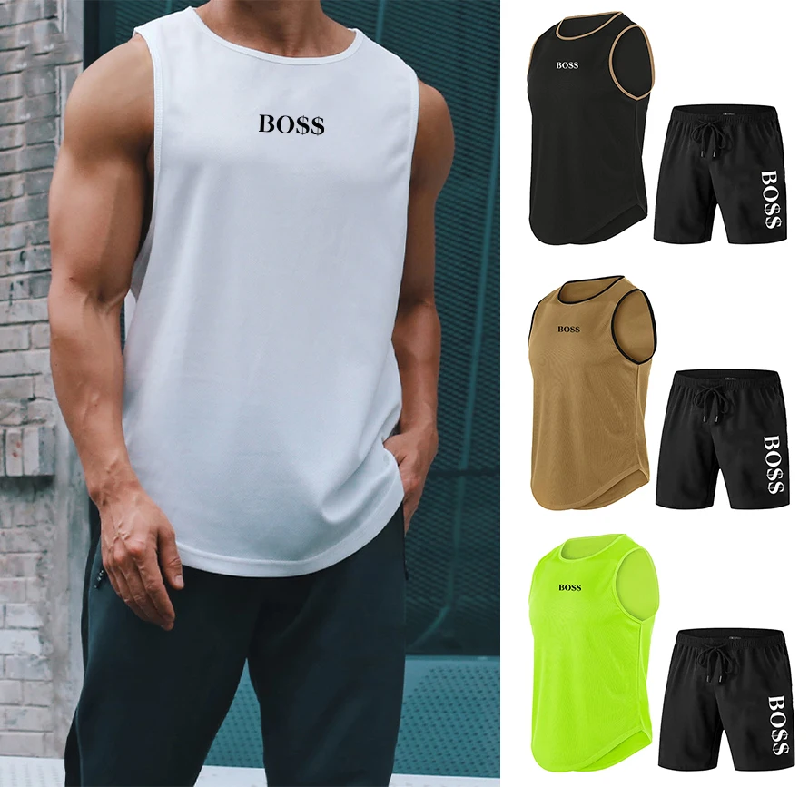 

2023 Men's Sport Tanks Tops Set Men Quick Dry Sleeveless T-Shirt + Shorts Suit Summer Fitness Training Vest Basketball Tracksuit