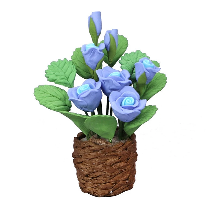 

1/12 Scale Dollhouse Mini Blue Rose Green Potted Plant Simulation Flower Model For Doll House Accessories