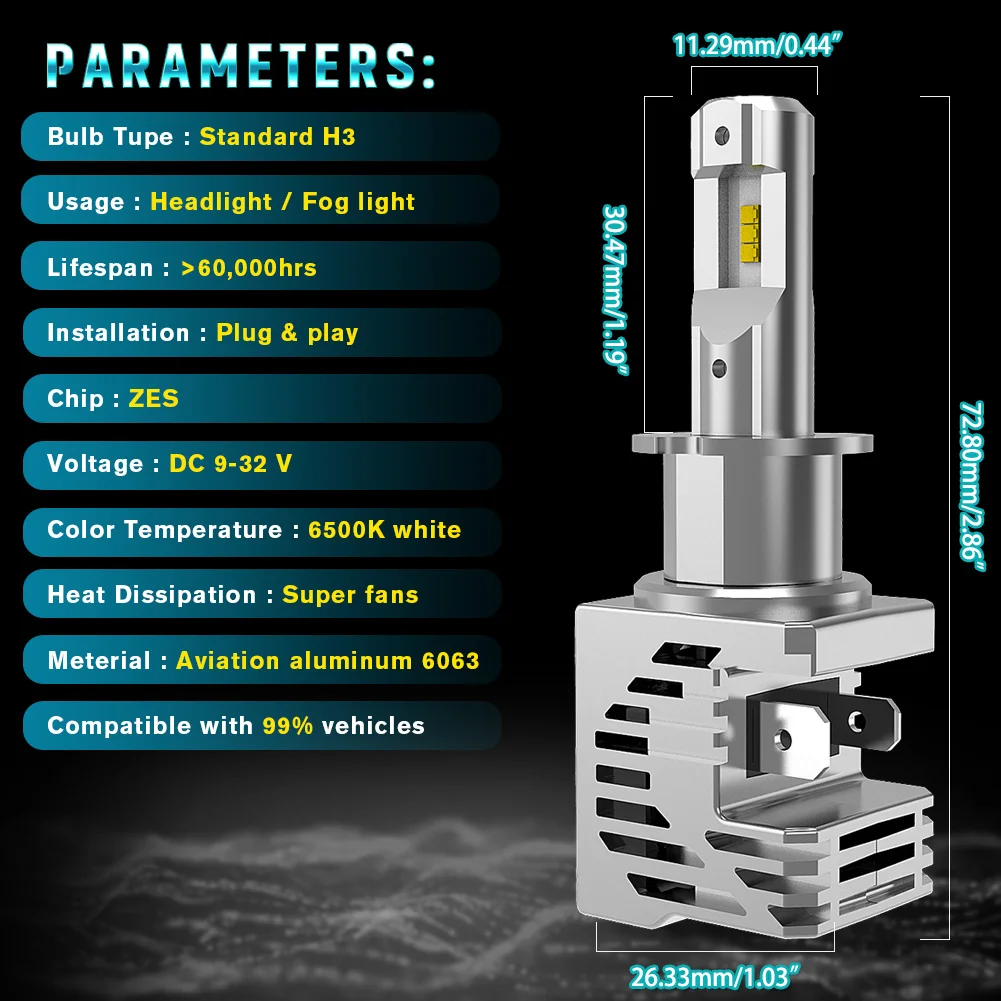 2 шт. H3 светодиодные лампы Canbus с вентилятором супер яркие автомобильные фары Plug and