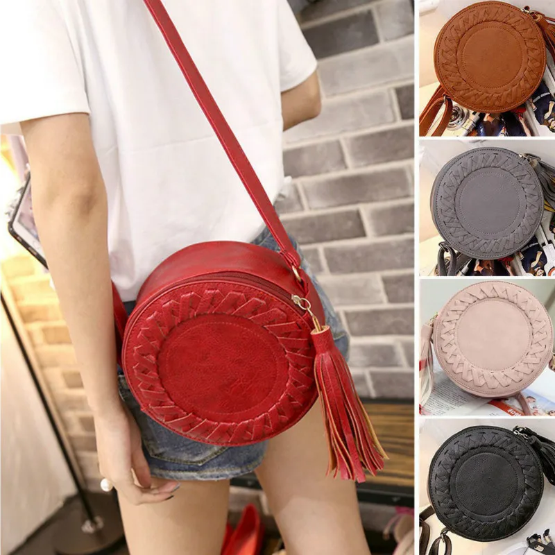 

Designer Fashion Women Round Bag Leather Women's Circular Crossbody Shoulder Bags with Tassel Ladies Purse Female Handbag