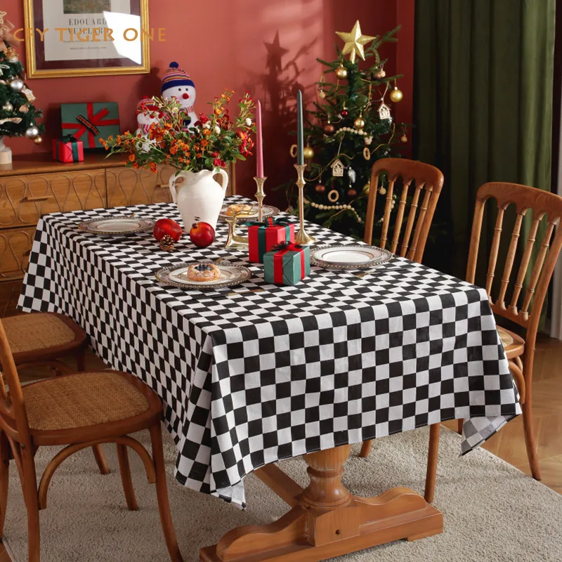 Черно-белая прямоугольная скатерть в клетку из хлопка и льна американском стиле