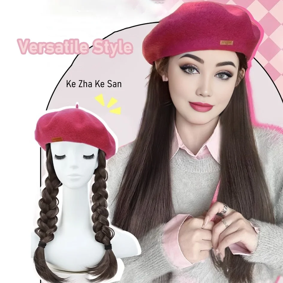 Синтетический Розово-розовый Берет Длинный Прямой Парик Длиной 45 См С Внутренней