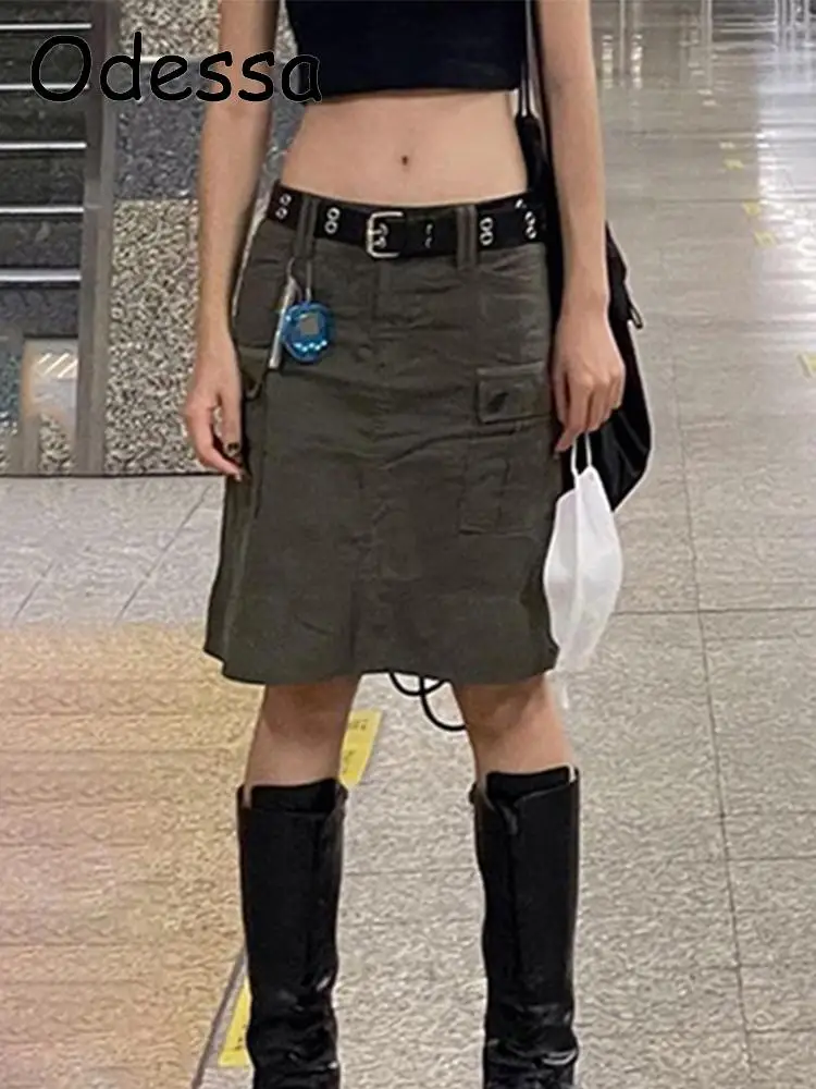 

Odessa 90S Vintage Low Waist Cargo Short Skirts Women 2000S Harajuku Pockets Knee-Length Skirt Streetwear Cute Bottoms Clubwear