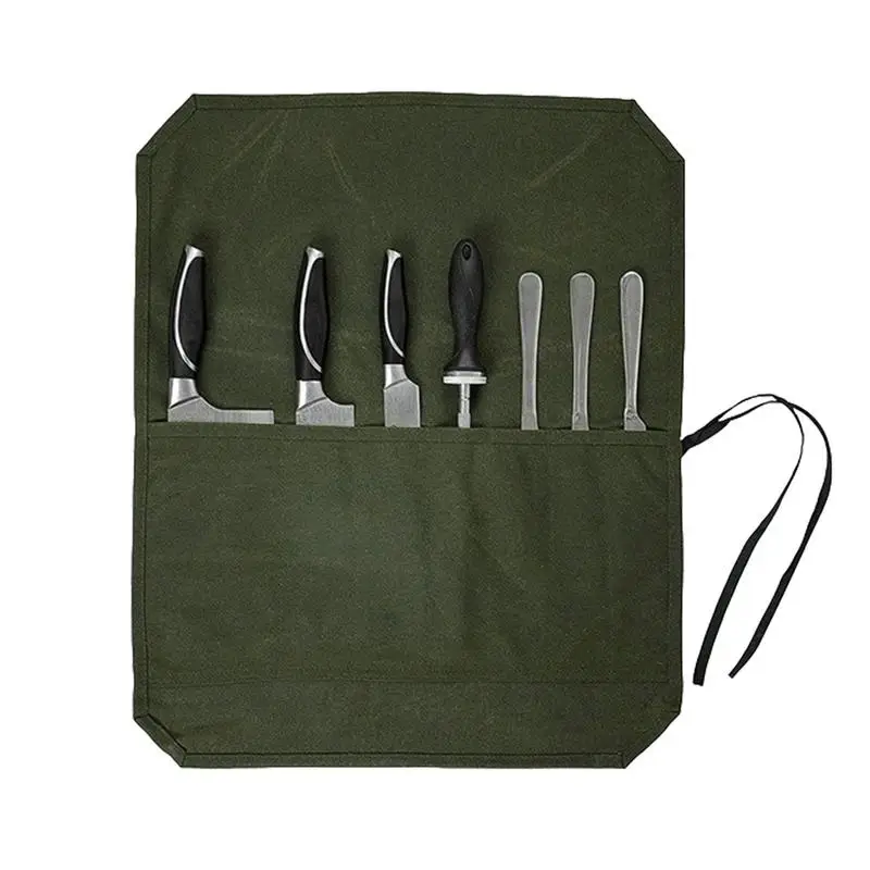

Knives Roll Bag Canvas Waxed Canvas Chef Knifes Roll Bag Adjustable Shoulder Strap Knifes Bags With 7 Slots For Chefs Heavy Dut