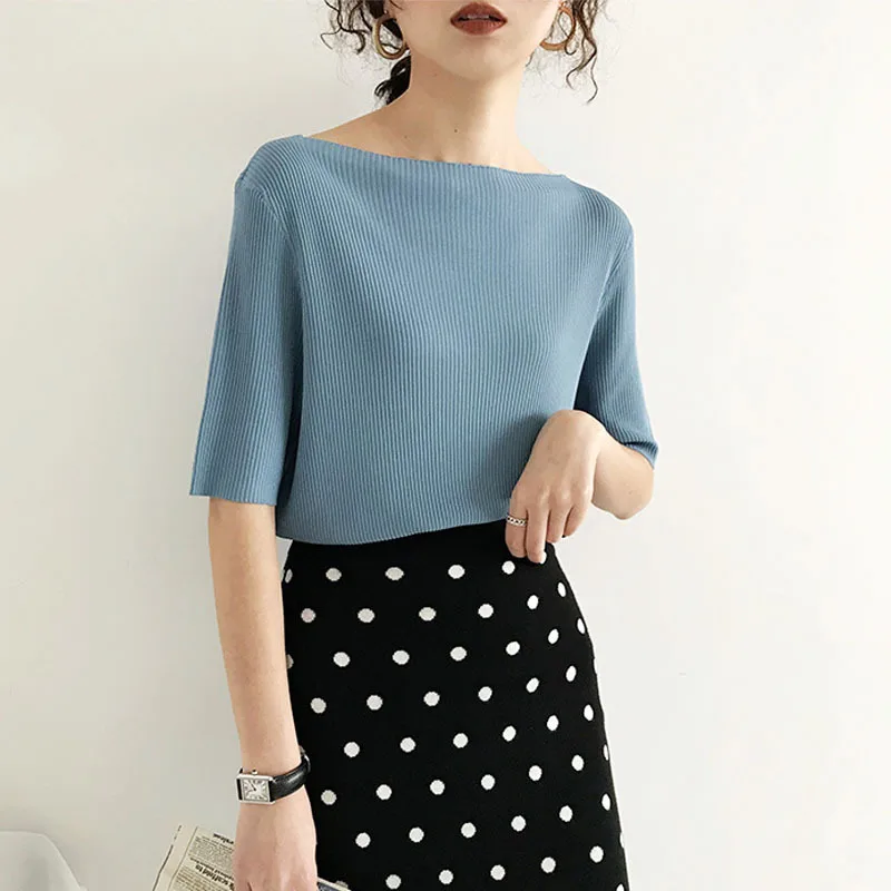 

Ladies New One-neck Solid Color Short-sleeved Knitted T-shirt Gray