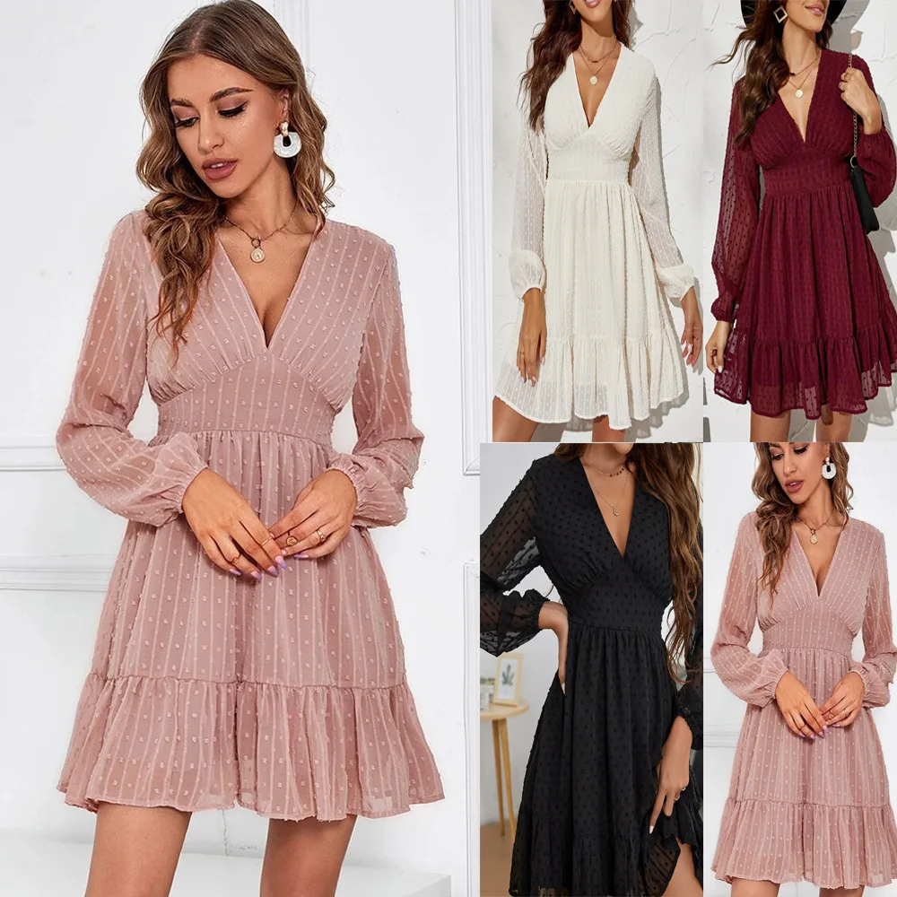 

New spring dresses for women Elegant fashion Chiffon Patchwork long sleeve V-Neck sexy party dress