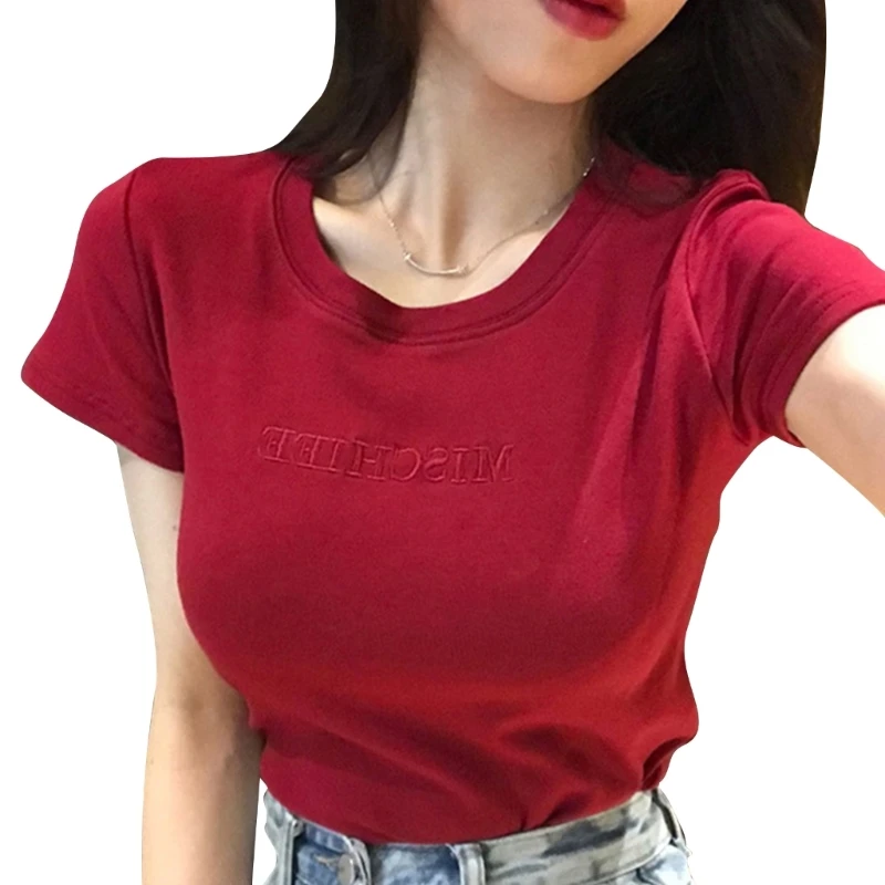 652F женские футболки с коротким рукавом и круглым вырезом, хлопковые блузки, топы, футболка с вышивкой