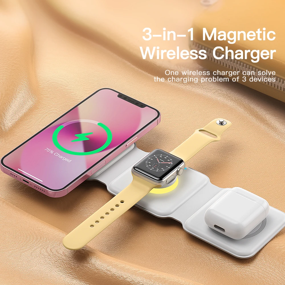 Essager 3 in 1 Magnetic 15W Qi Wireless Charger Foldable Charger Stand For iPhone 14 13 12/Airpod /iWatch 7 6 Fast Charging