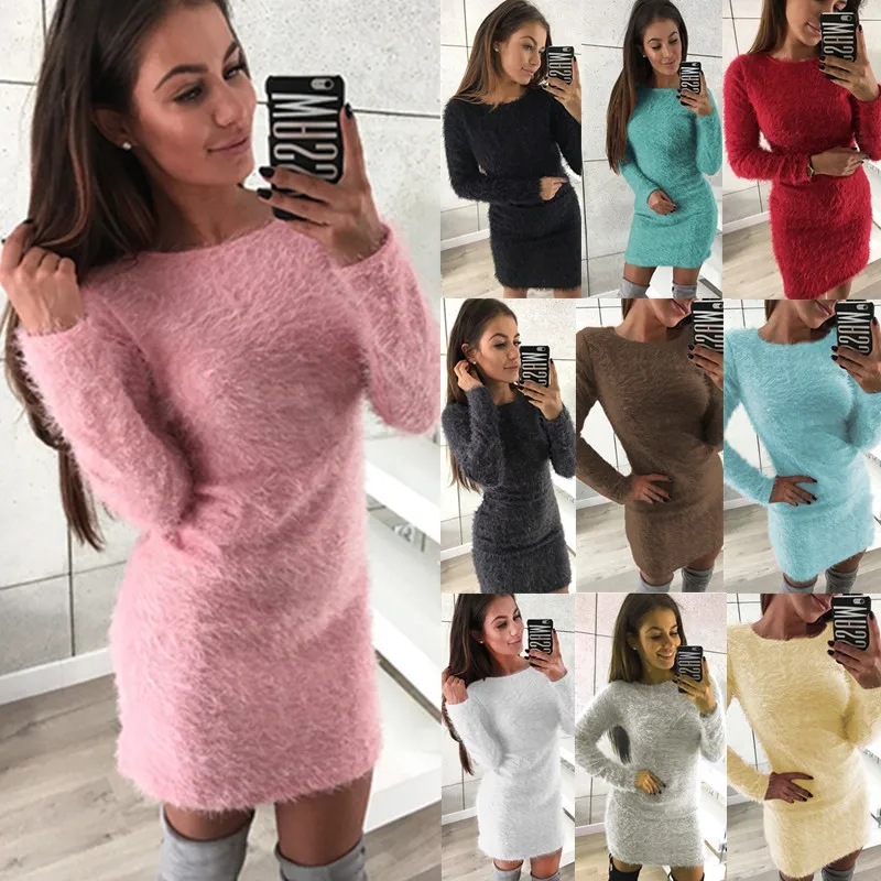 

Autumn Winter 2022 Women's Long Sleeve Round Collar Fleece Dress Knitted Sweater Clothes Skinny lady Sweater Dress