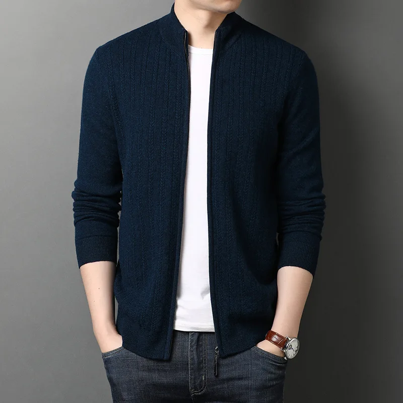 Autumn Winter Men Long Sleeve Knitted Cardigan Slim Stand Collar Striped Knitwear Boys Plus Size Sweaters Zip Up Knit Top Xxxl