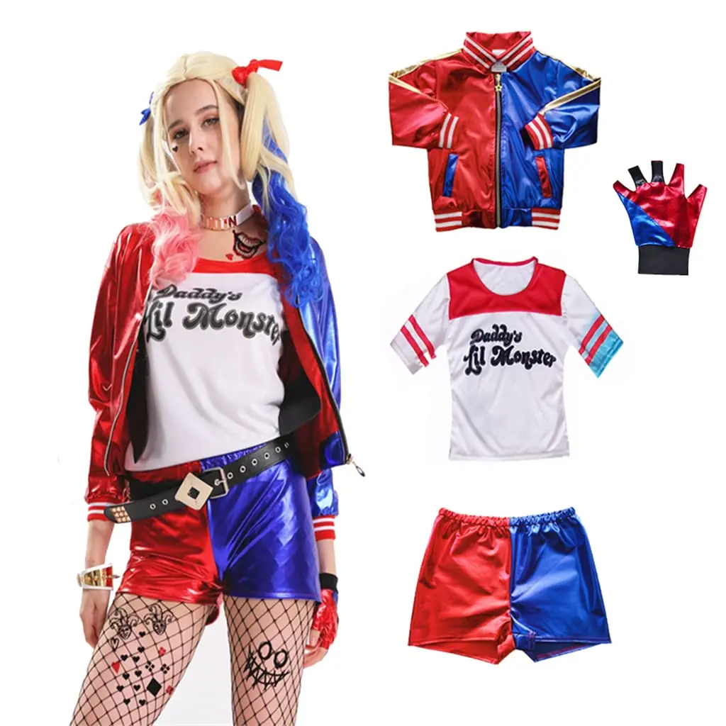 Kids Girls Suicide Harley Cosplay Costumes Squad Quinn Clown Jacket Pants Sets Christmas Halloween Party Fancy Dress  for Women