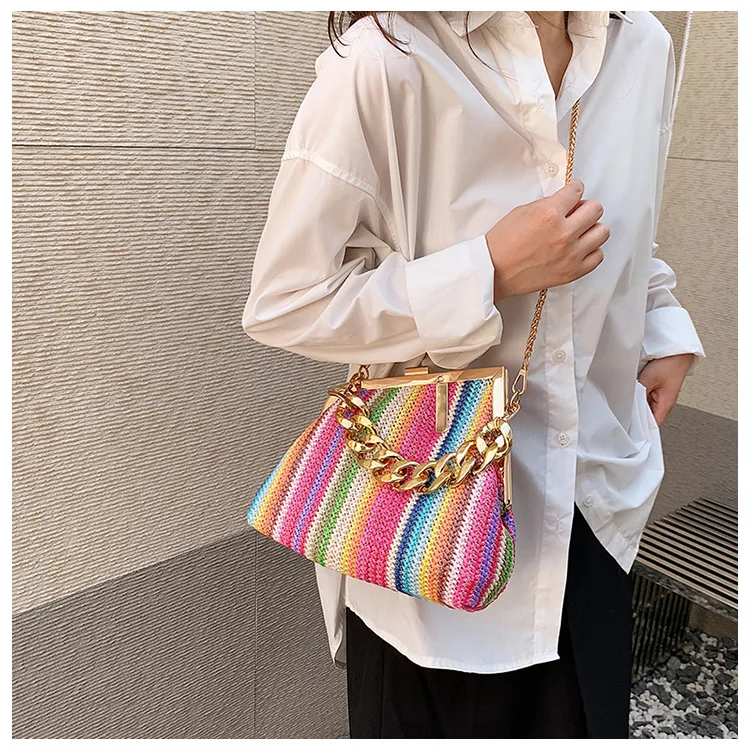

This Summer's Popular Explosion Rainbow Woven Bag Female 2023 New Fashion Chain Shoulder Crossbody Bag.