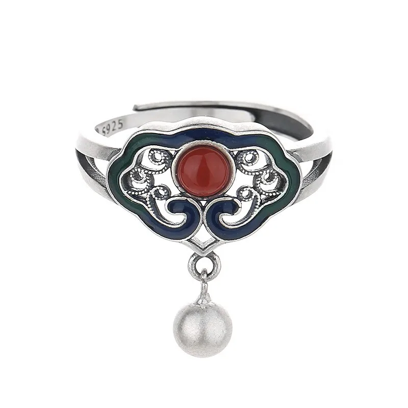 

798FJ ZFSILVER Silver 925 Fashion Trendy Adjustable Retro South Red Agate Dangle Ball Cloud Rings For Girl Women Wedding Jewelry