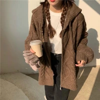 women hooded twist sweater zipper long sleeve crochet outerwear autumn winter oversize knitted cardigan female casual coats 2021
