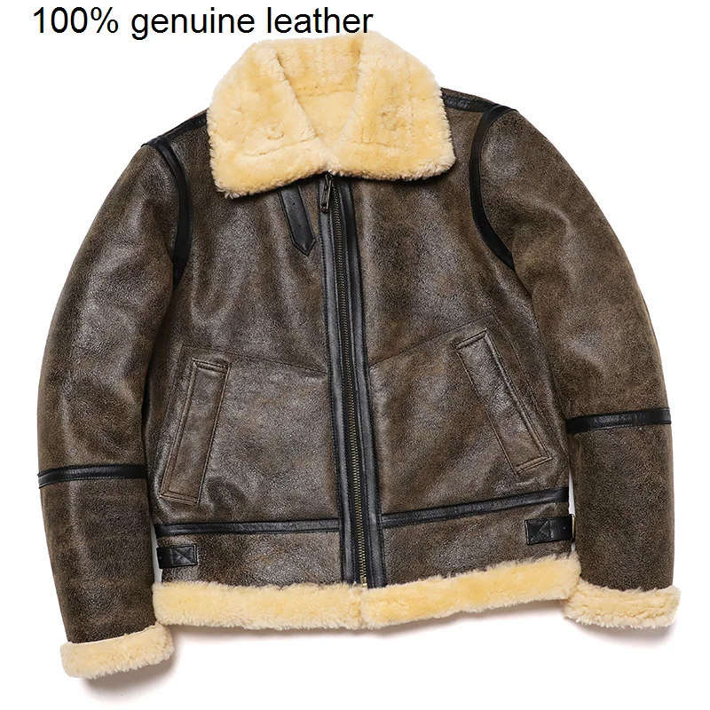 

Sheepskin Shearling Wool Fur New B3 Jacket Men Bomber 3 Genuine Leather Coat Warm Winter Clothing Vintage Jackets Man