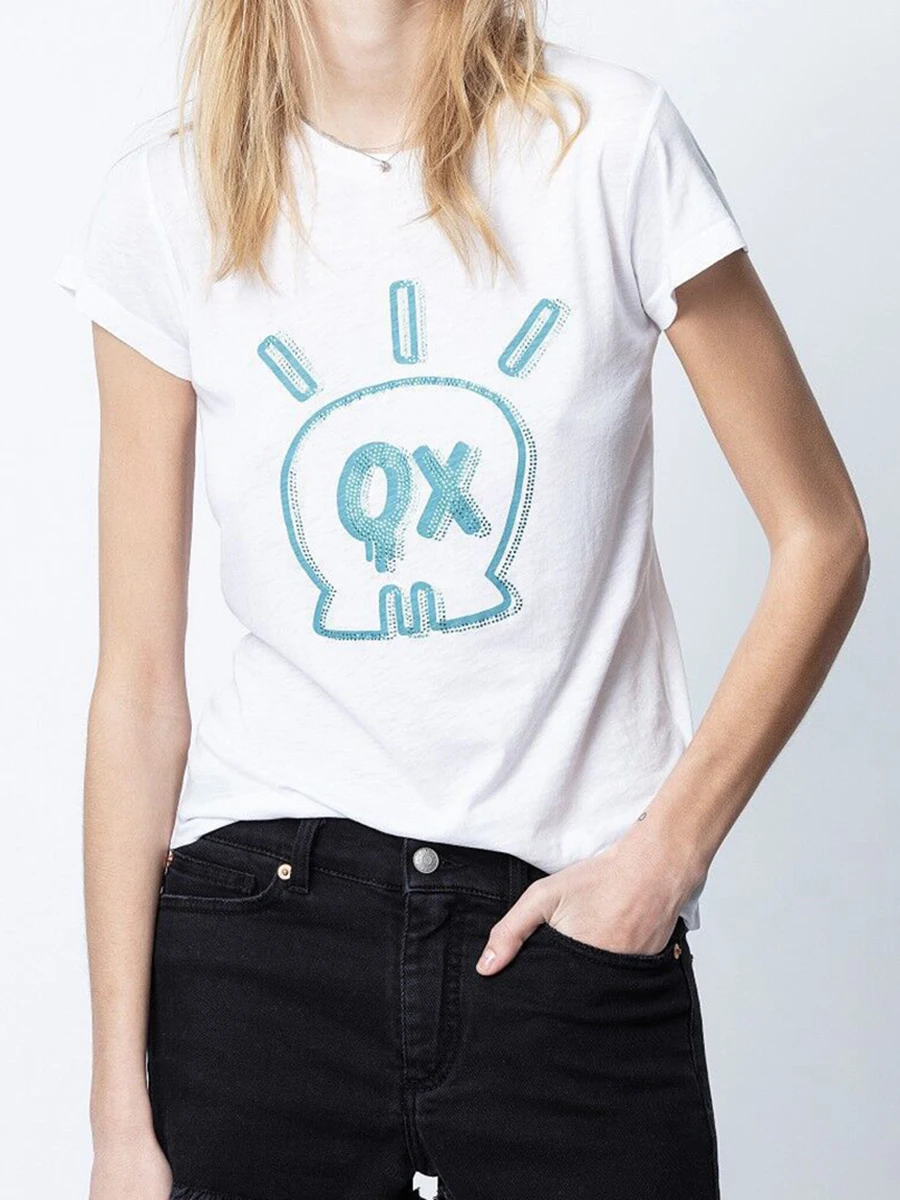 

Женская футболка со стразами, Повседневная Дизайнерская футболка с черепом, лето 2022