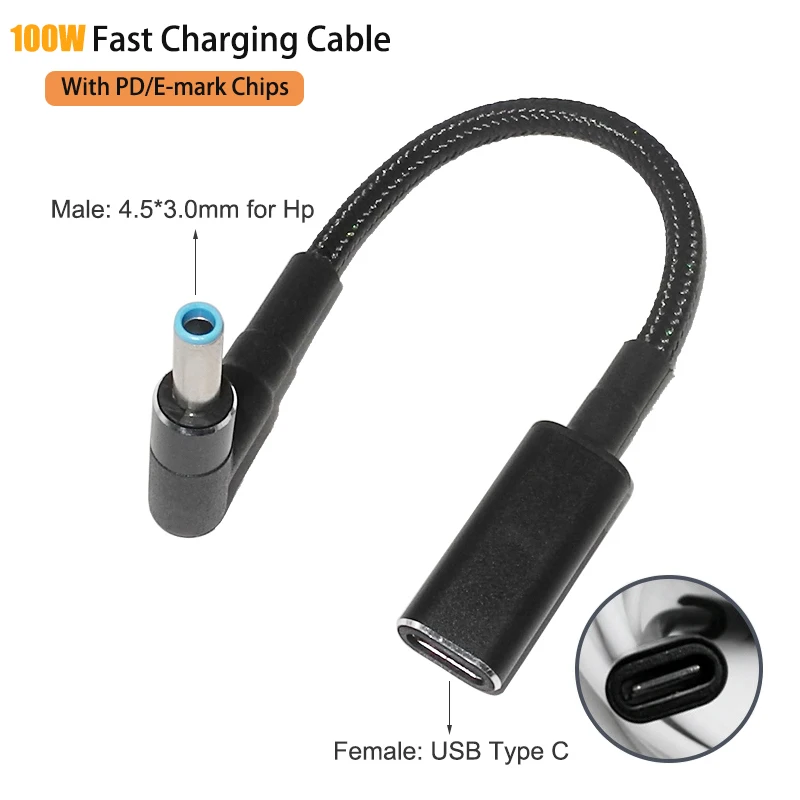 

100 Вт USB C Быстрый зарядный кабель адаптера Гнездовой разъем для 4,5*3,0 мм Разъем конвертер для Hp поток призрак Pavilion Envy Eliteboo