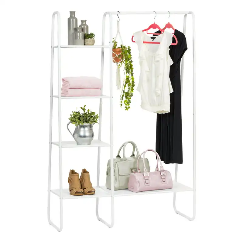 

, 3-Tier Garment Rack with Metal Mesh Shelves, 2 Pink Bonus Hangers, White
