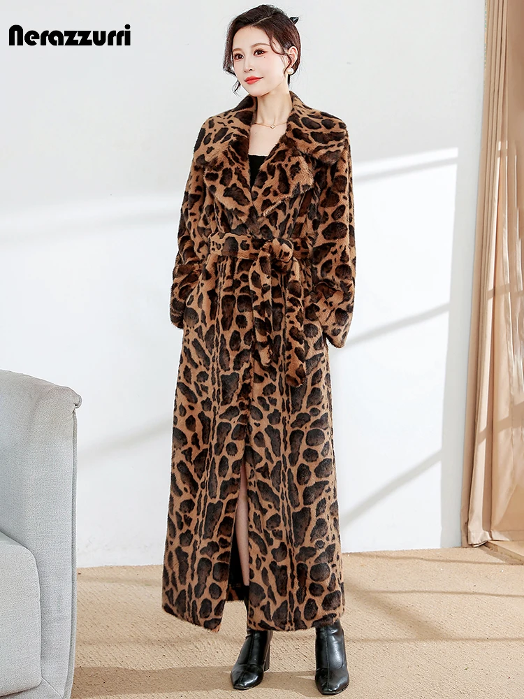 

Nerazzurri Winter Extra Long Leopard Print Luxury Colorful Thick Warm Soft Fluffy Faux Fur Coat Women European Furry Overcoat