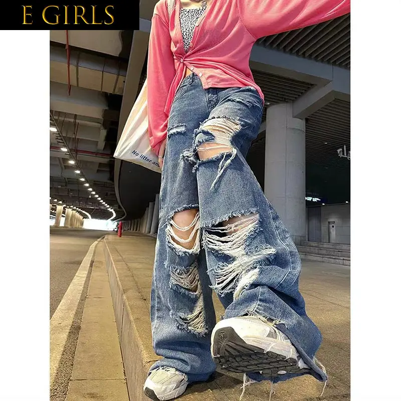 

E GIRLS Streetwear Straight Pants Ladies Ripped Jeans High Waist Loose Wide Leg Pants Ladies Jeans Y2K Plus Size High Street