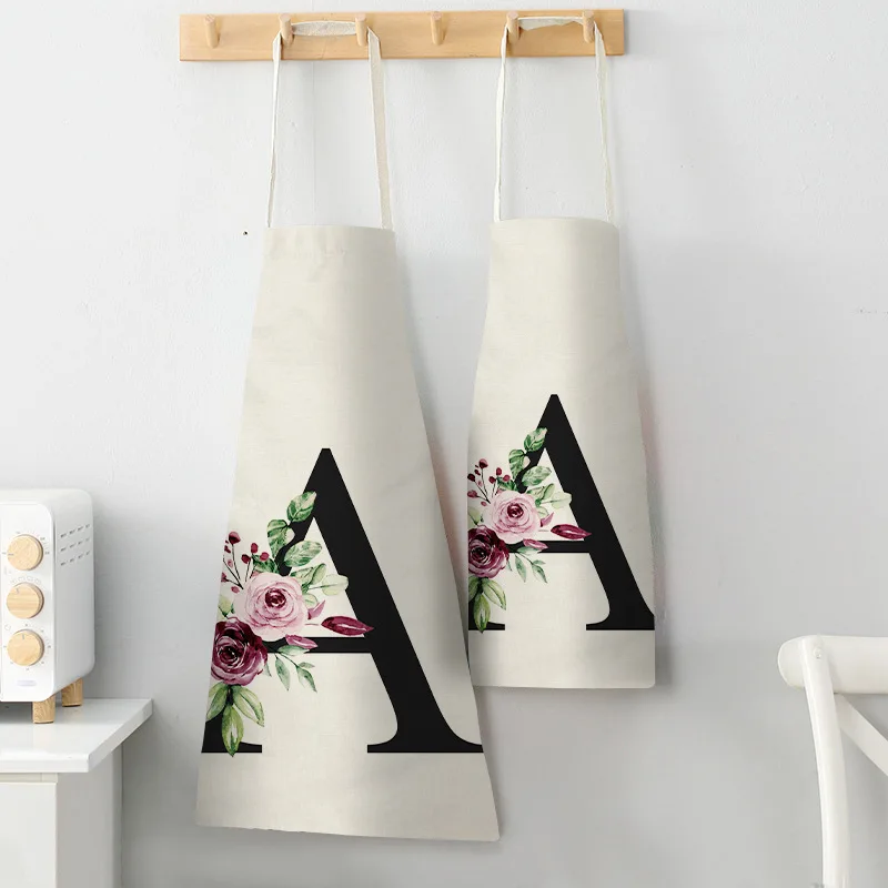 

Flower Letter Alphabet Pattern Kitchen Apron For Woman Sleeveless Cotton Linen Aprons Cooking Home Cleaning Tools 55*68cm