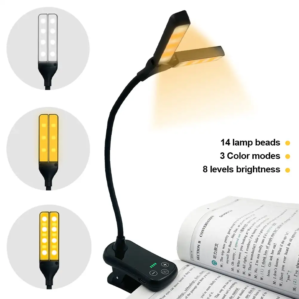 

14 LED Clip On Book Light 3 Colors 8 Brightness Usb Rechargeable Night Light Portable Reading Light Book Lamp Mini Desk Lamp