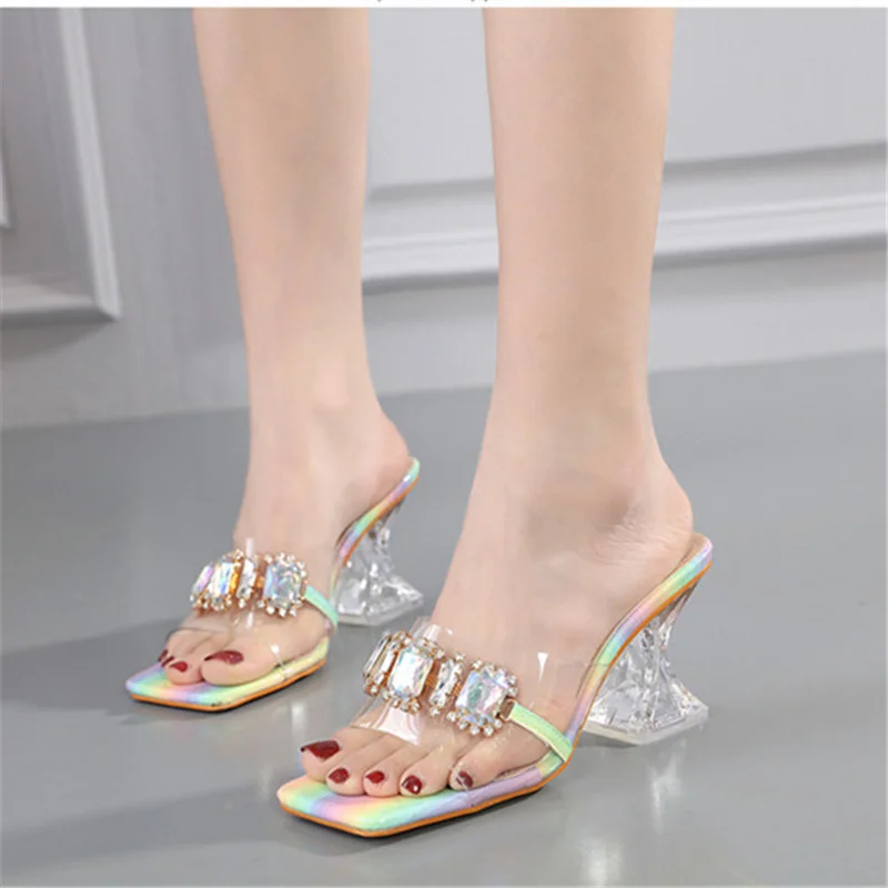 

2022 Mature Women Slippers Crystal Heels PVC Size 35-41 Muller Sandals Colorful Rhinestone Square Toe Fashion Ladies Slippers