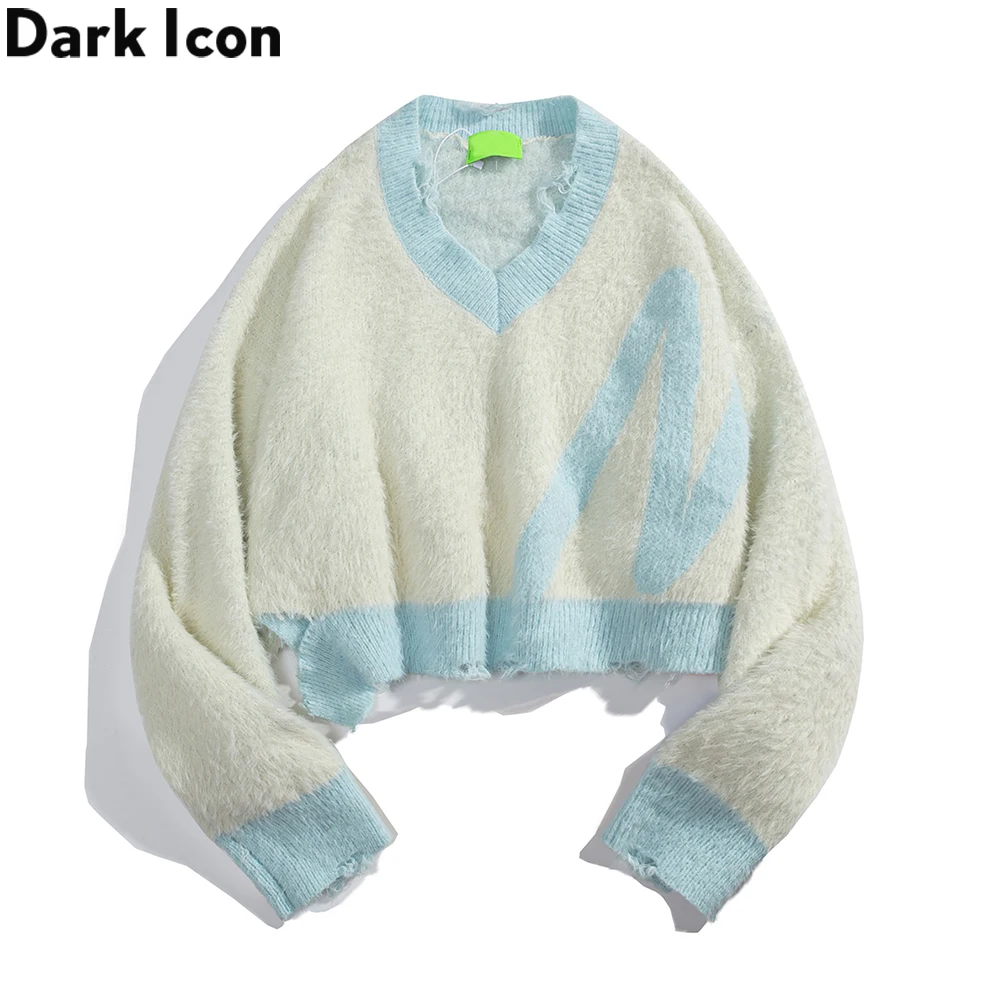 

Женский короткий пуловер с V-образным вырезом, в стиле оверсайз