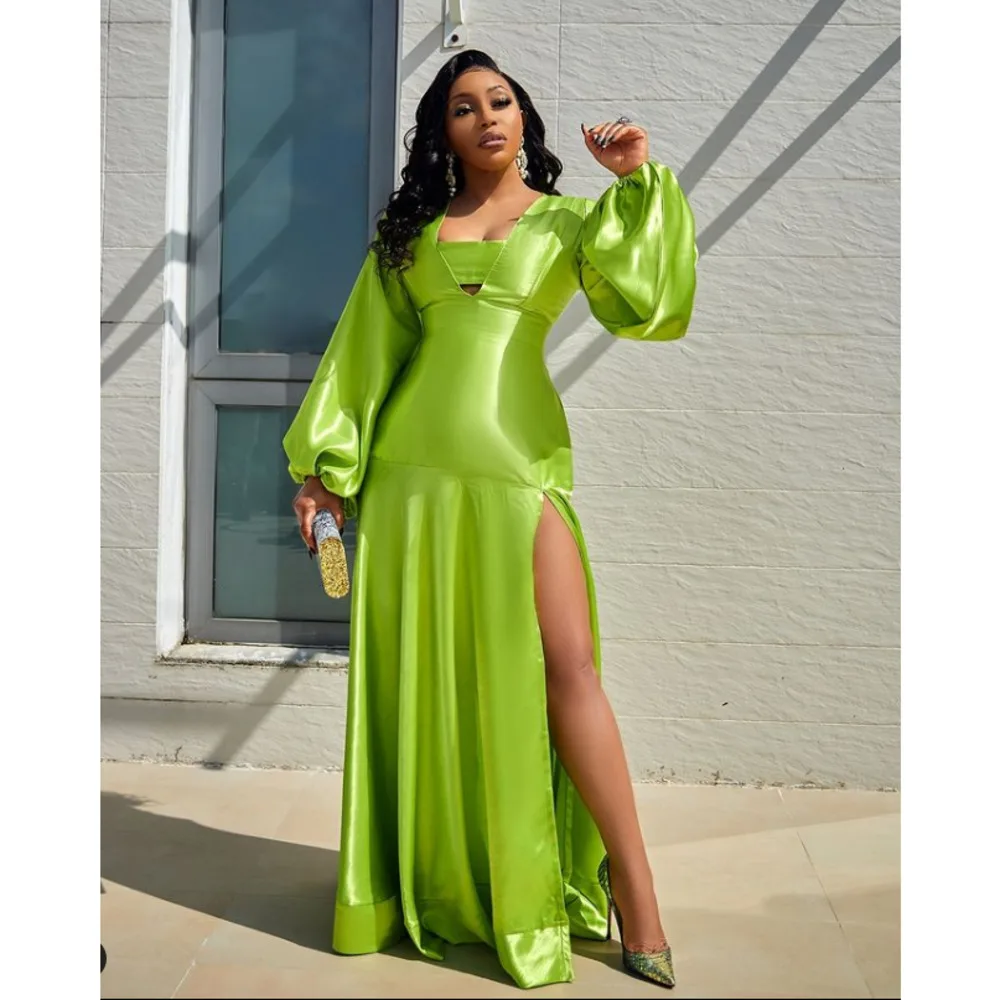 

New Women's V-Neck Lantern Sleeve Split Swing Long Dress