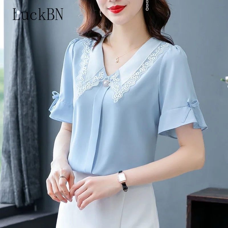 

Women Clothing Blouse Summer Casual Chiffon White Shirt Fashion Peter Pan Collar Button Ladies Plus Size Blue Blouses New 2022