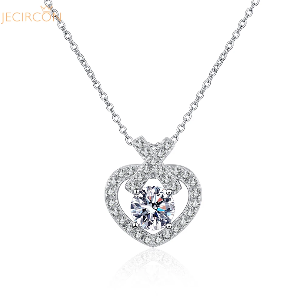 

JECIRCON 925 Sterling Silver Moissanite Necklace for Women 1ct Smart Heart 18k White Gold Pendant Clavicle Chain Wedding Jewelry