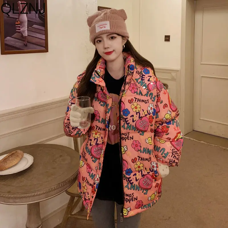 Winter Jacket Woman Cute Print Cotton Padded Quilted Jacket Ladies Warm Hooded Parkas Harajuku Casual Long Sleeve Bubble Coats