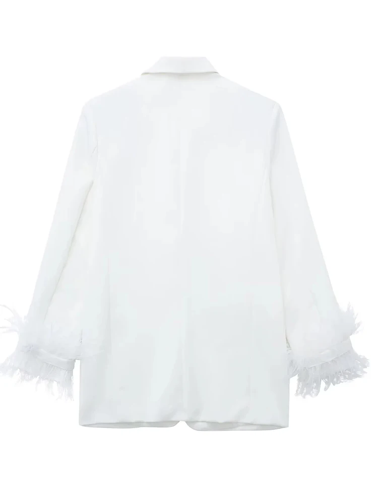 PAILETE Women 2023 fashion with feathers straight blazer coat vintage long sleeve flap pockets female outerwear chic veste femme