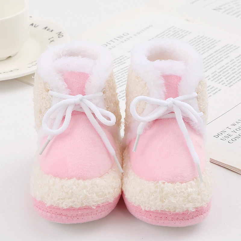 

Baby Cute Thickened Plush Boots Flat Shoes Infant Girls Boys Tie-Up Non-Slip Soft Sole First Walker Winter Warm Crib Shoes