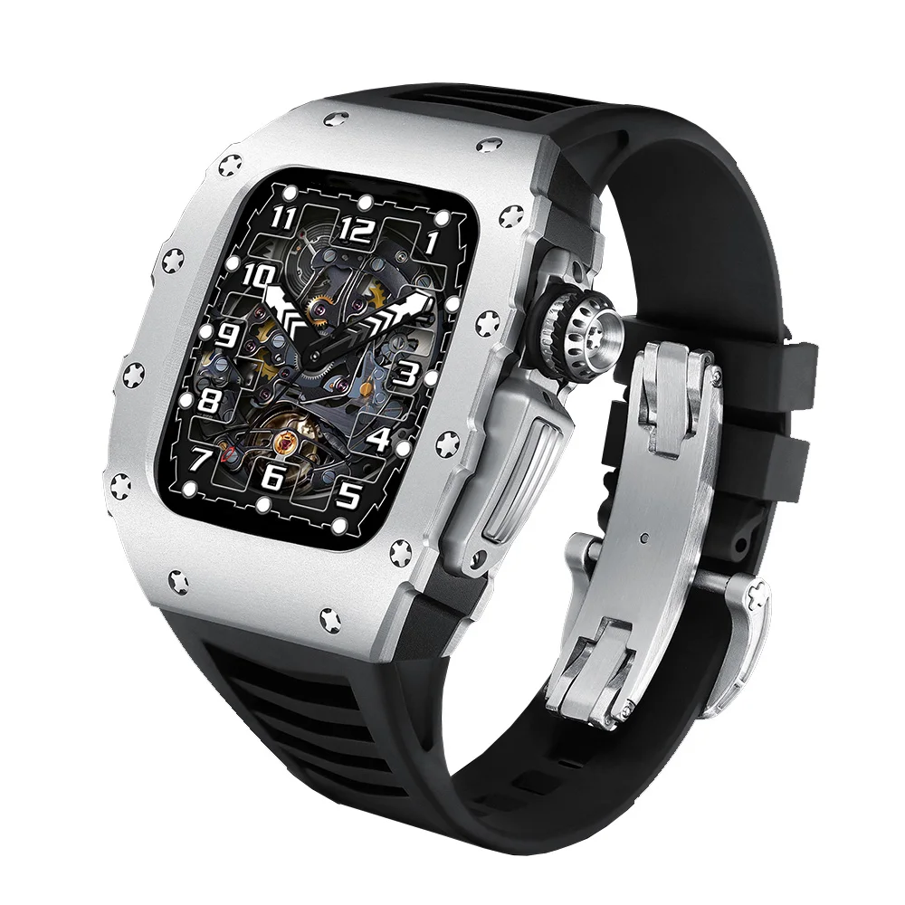 Top Luxury Super Light Alloy Modification Kit for Apple Watch 8 7 44Mm 45Mm Rubber Strap Metal Case Band for Iwatch 6 Se 5 4